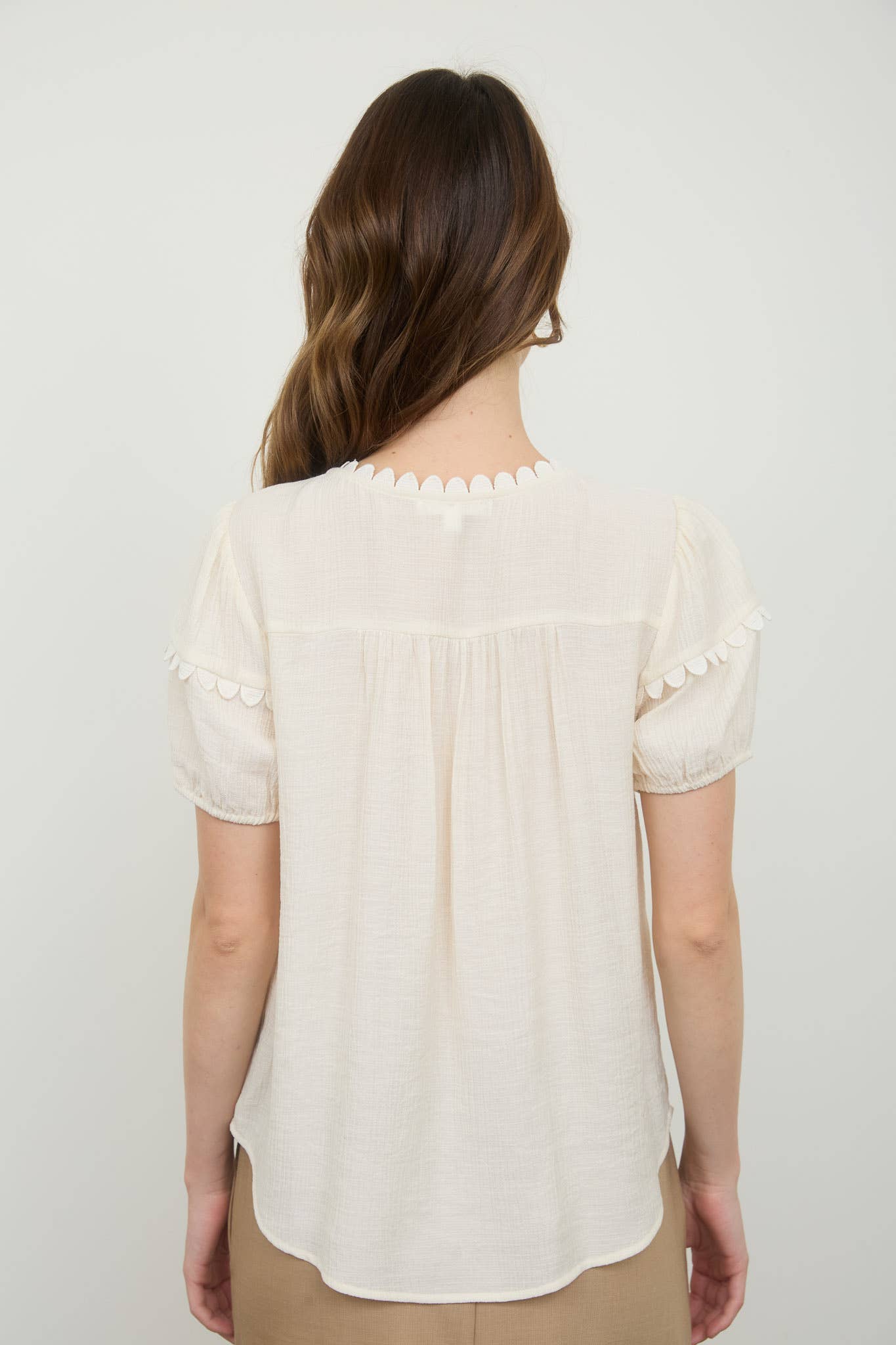 Scallop Trim Front Tie Detail Puff Sleeve Ivory