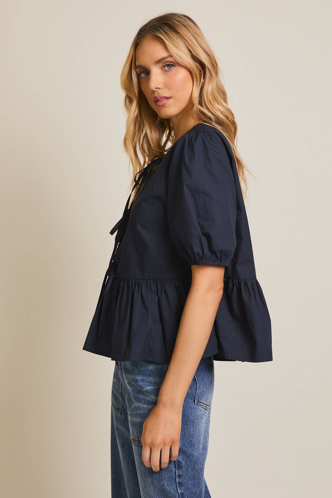Front Ties Puff Half Sleeve Blouse Navy