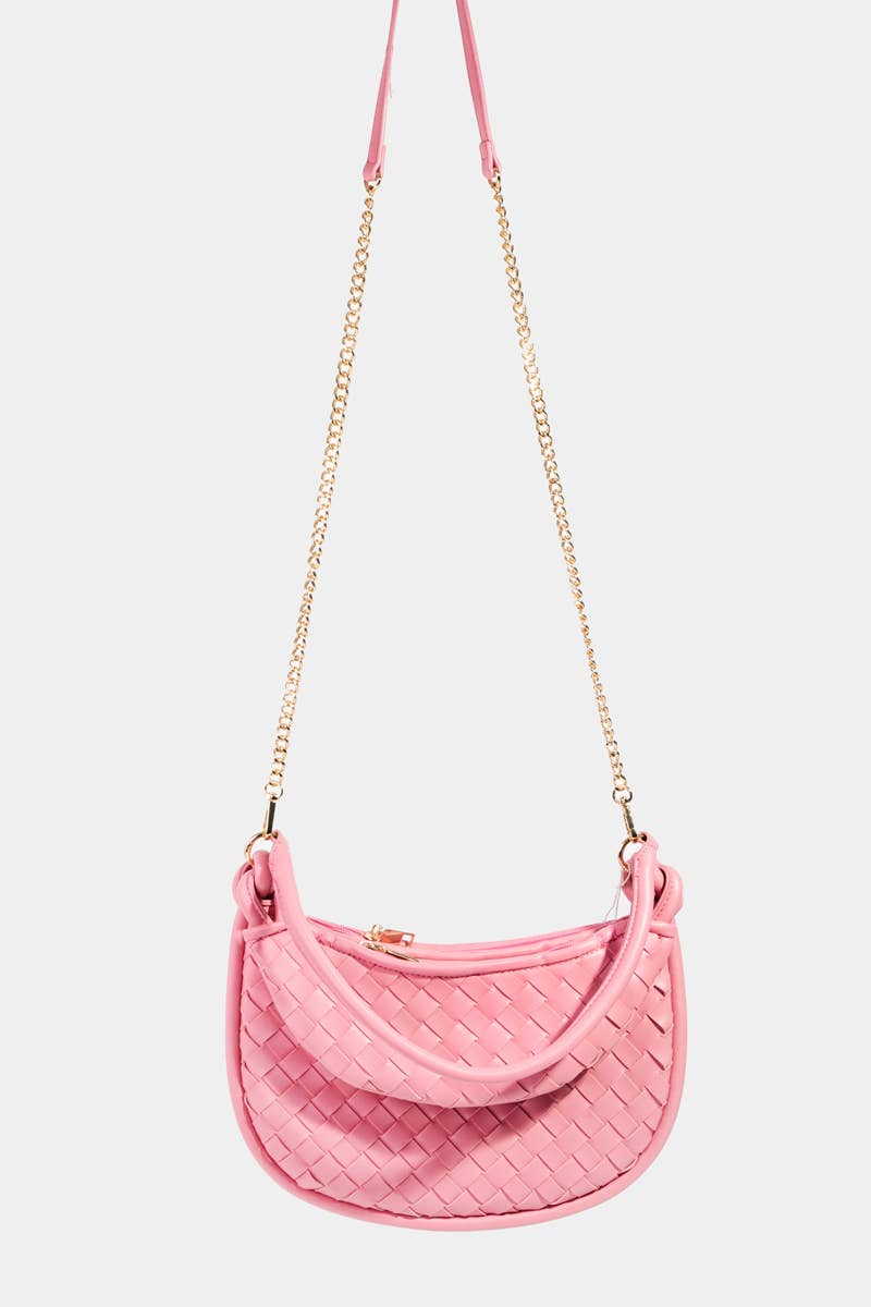 Faux Leather Basket Weave Half Moon Bag Pink