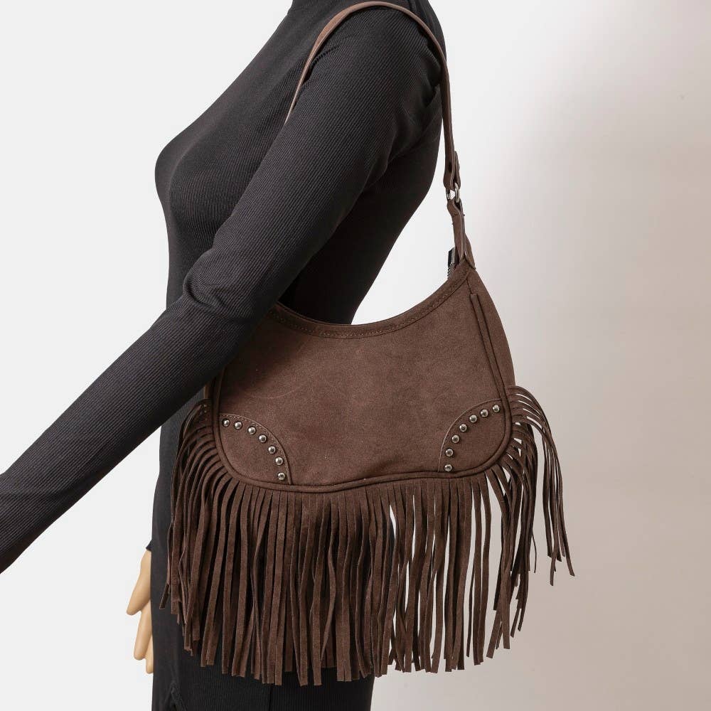 Faux Suede Fringe Belt Decor Shoulder Bag Brown
