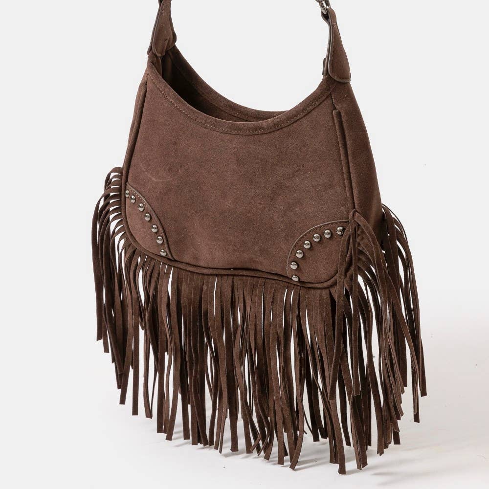 Faux Suede Fringe Belt Decor Shoulder Bag Brown
