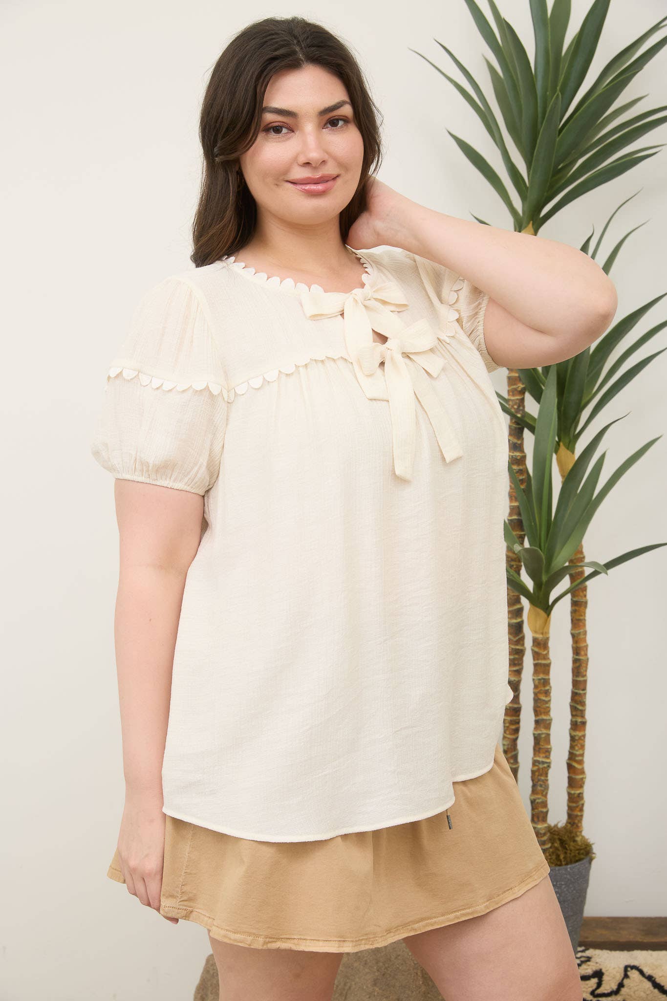 Scallop Trim Front Tie Detail Puff Sleeve Ivory