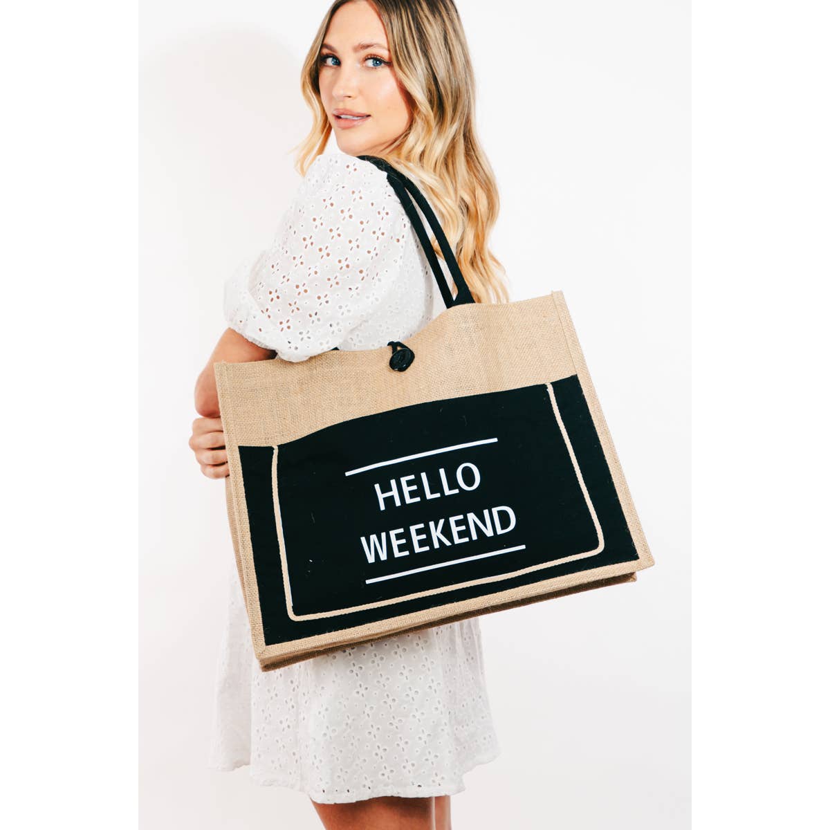 Hello Weekend Burlap Tote Bag Ivory