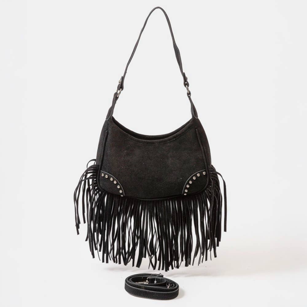 Faux Suede Fringe Belt Decor Shoulder Bag Brown