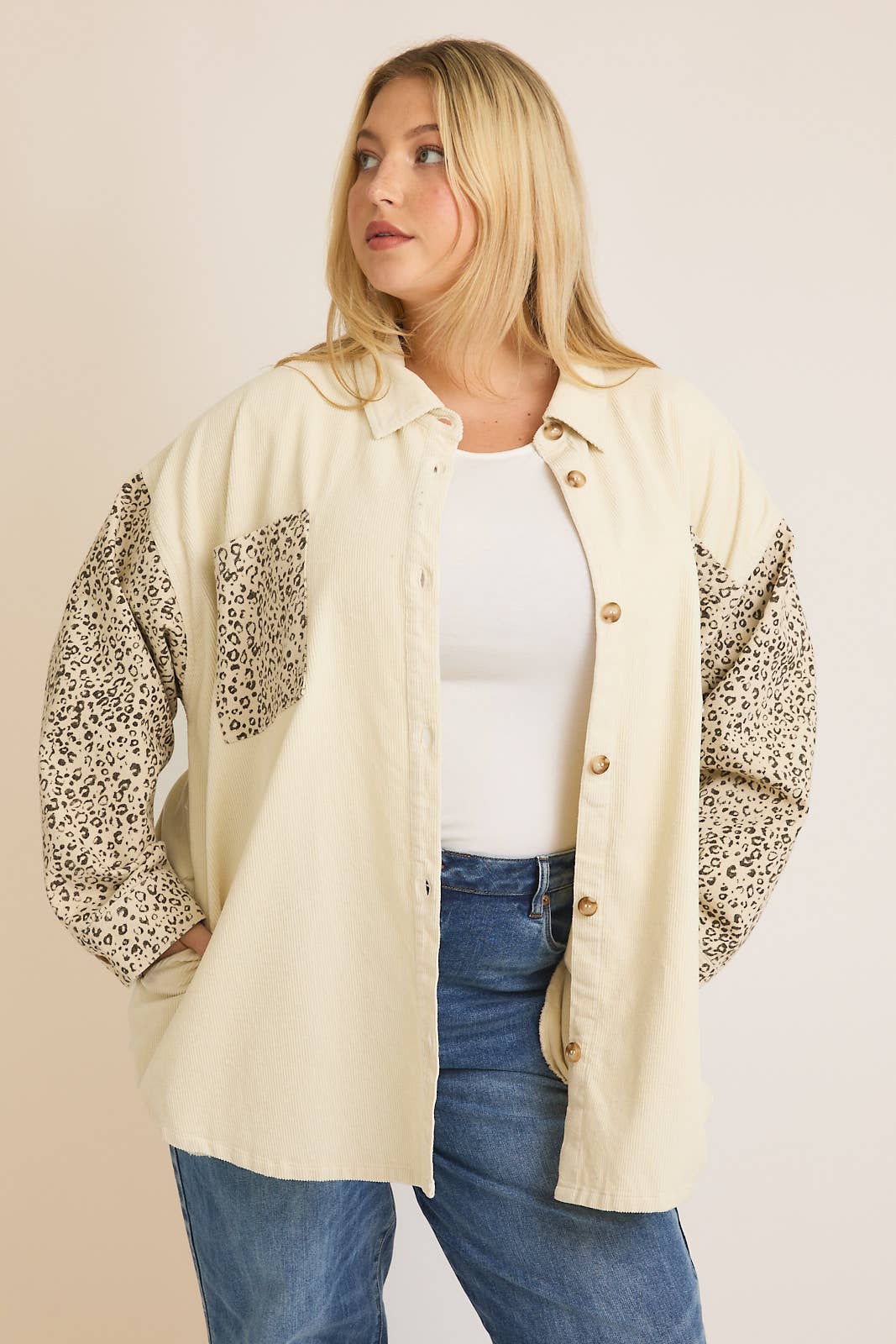 CORDUROY & ANIMAL TWILL MIX SHACKET Cream