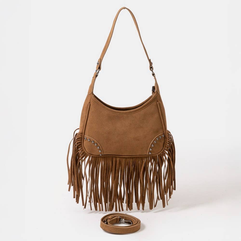 Faux Suede Fringe Belt Decor Shoulder Bag Brown
