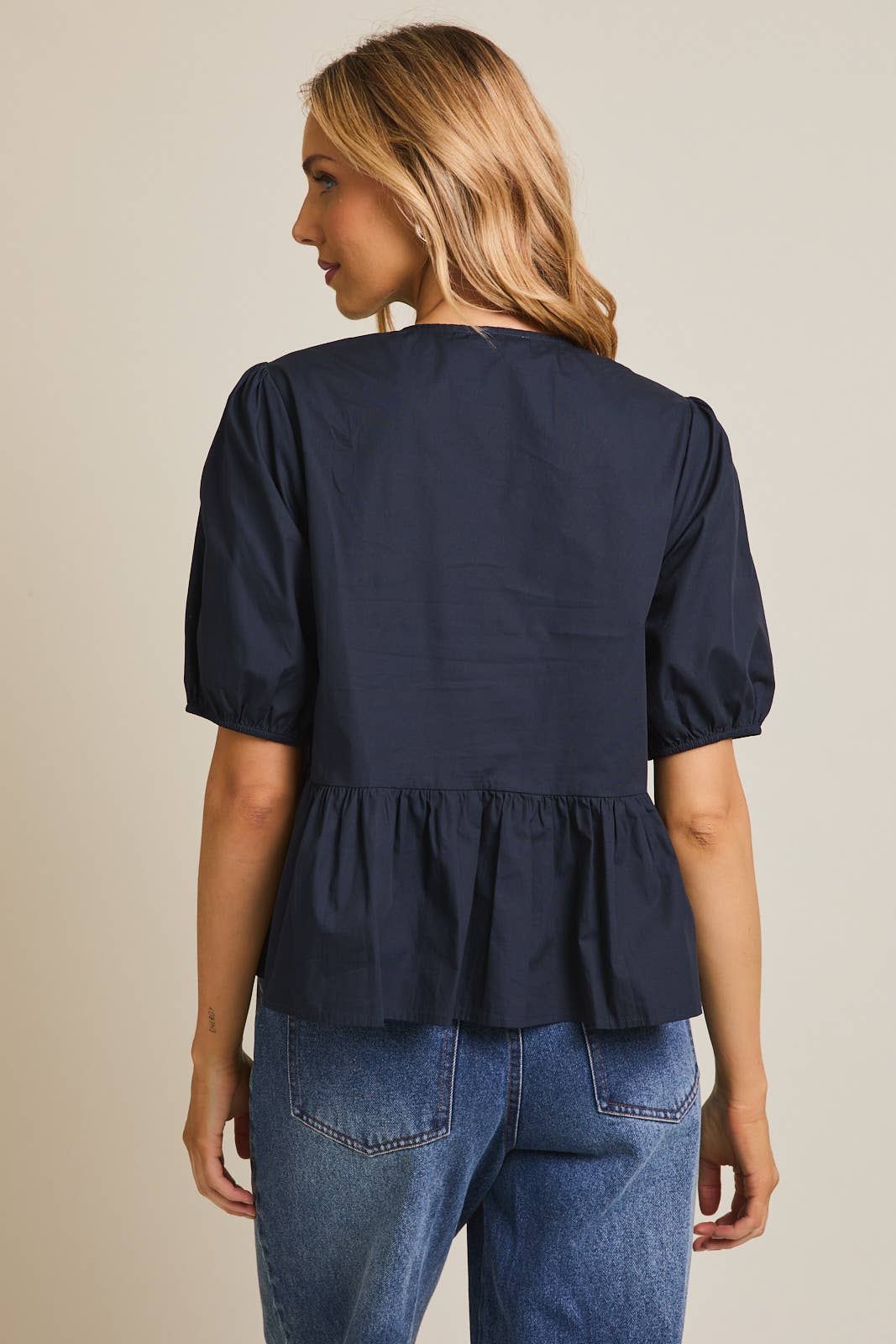 Front Ties Puff Half Sleeve Blouse Navy