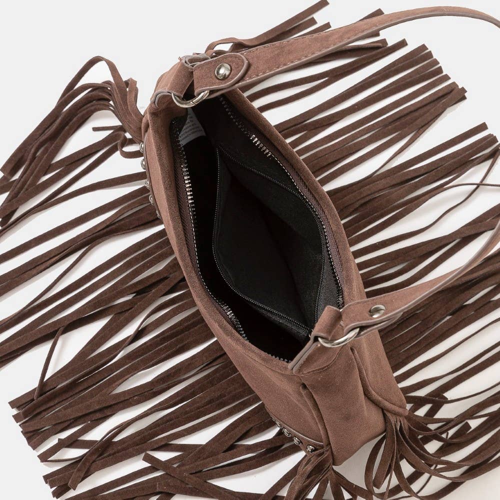 Faux Suede Fringe Belt Decor Shoulder Bag Brown