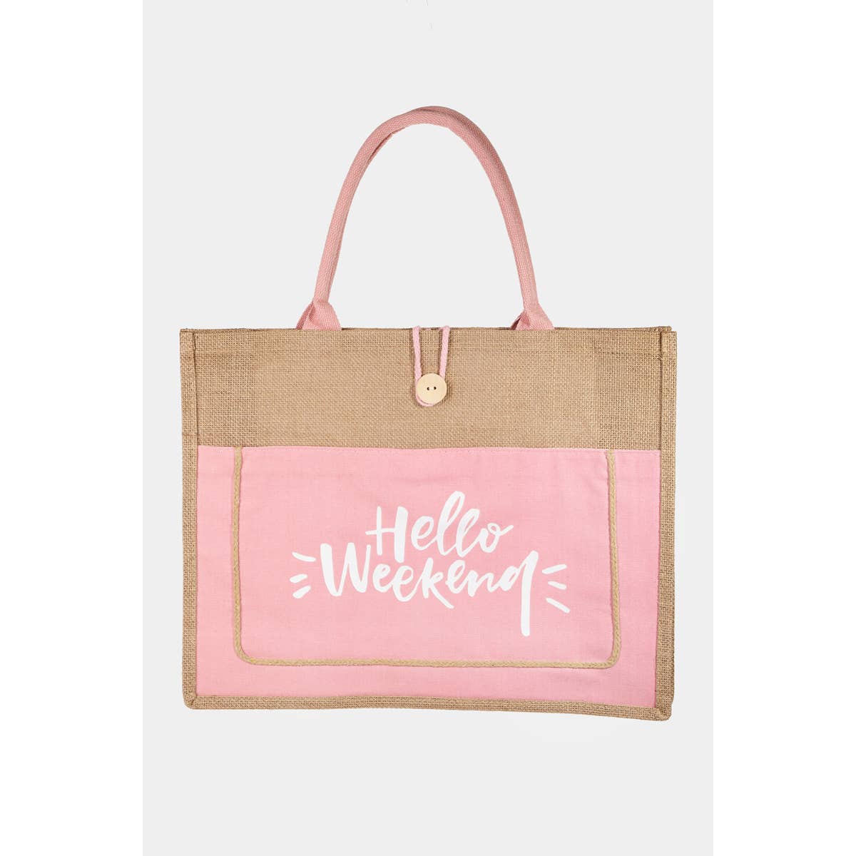 Hello Weekend Burlap Tote Bag Pink