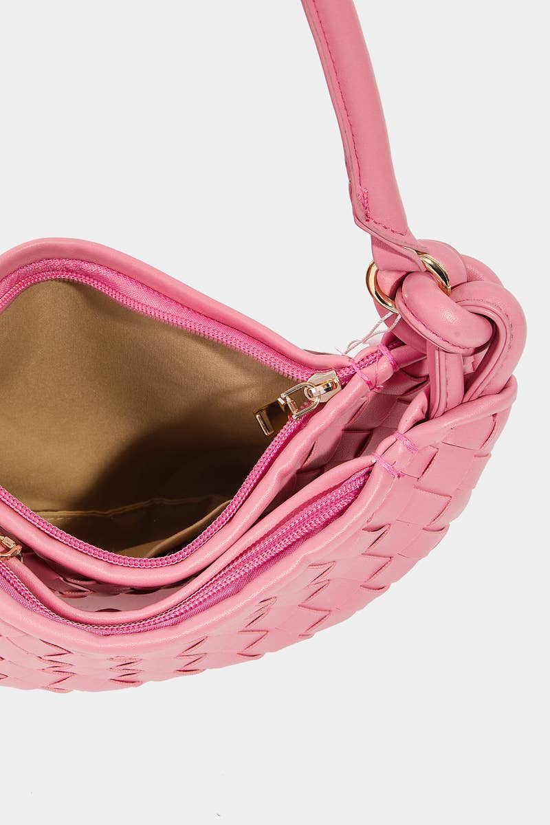 Faux Leather Basket Weave Half Moon Bag Pink