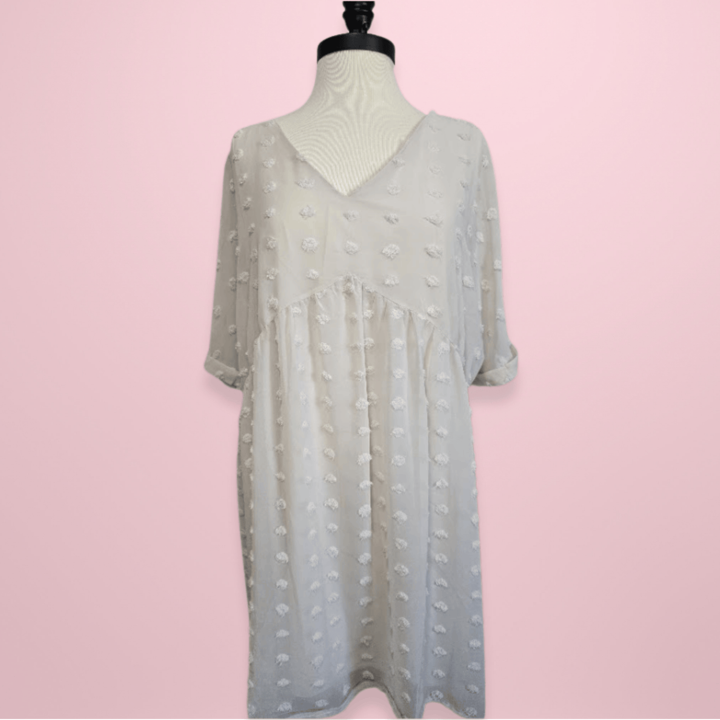 ZENA Beige V-Neck Swiss Dot Dress