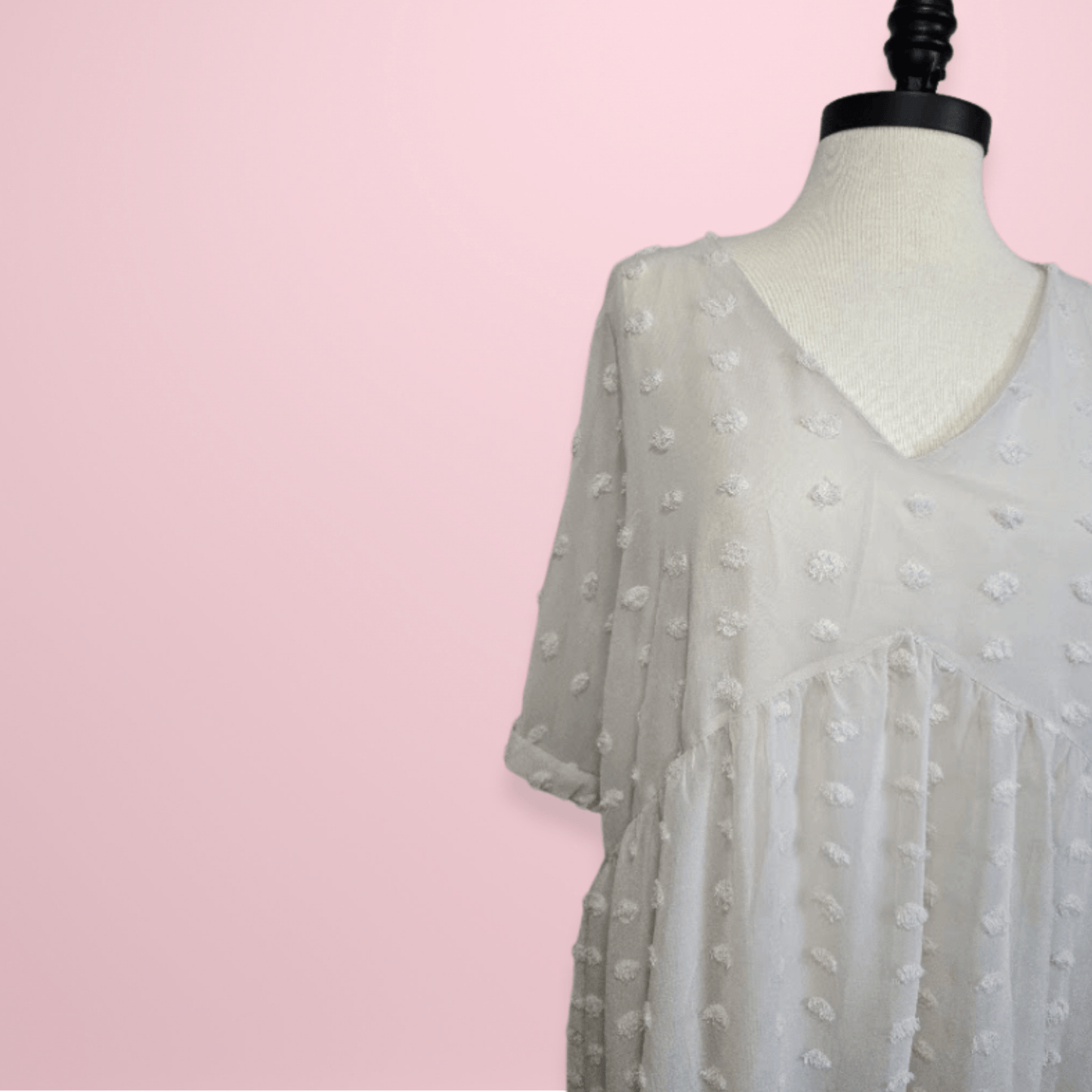 ZENA Beige V-Neck Swiss Dot Dress