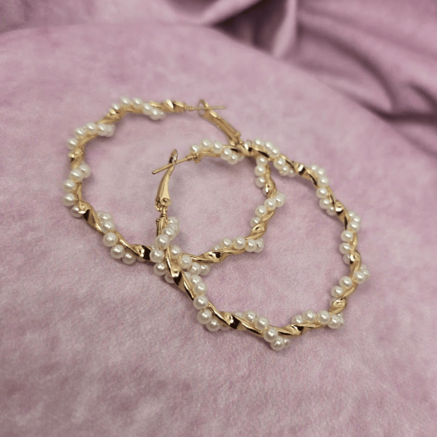 Gold Twist Hoop with Pearls Earrings