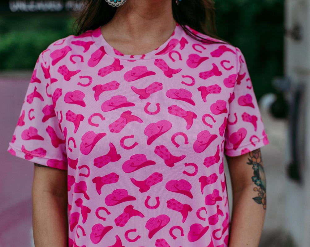 Country Barbie Short Sleeve Western Pattern Pink T-shirt Dress