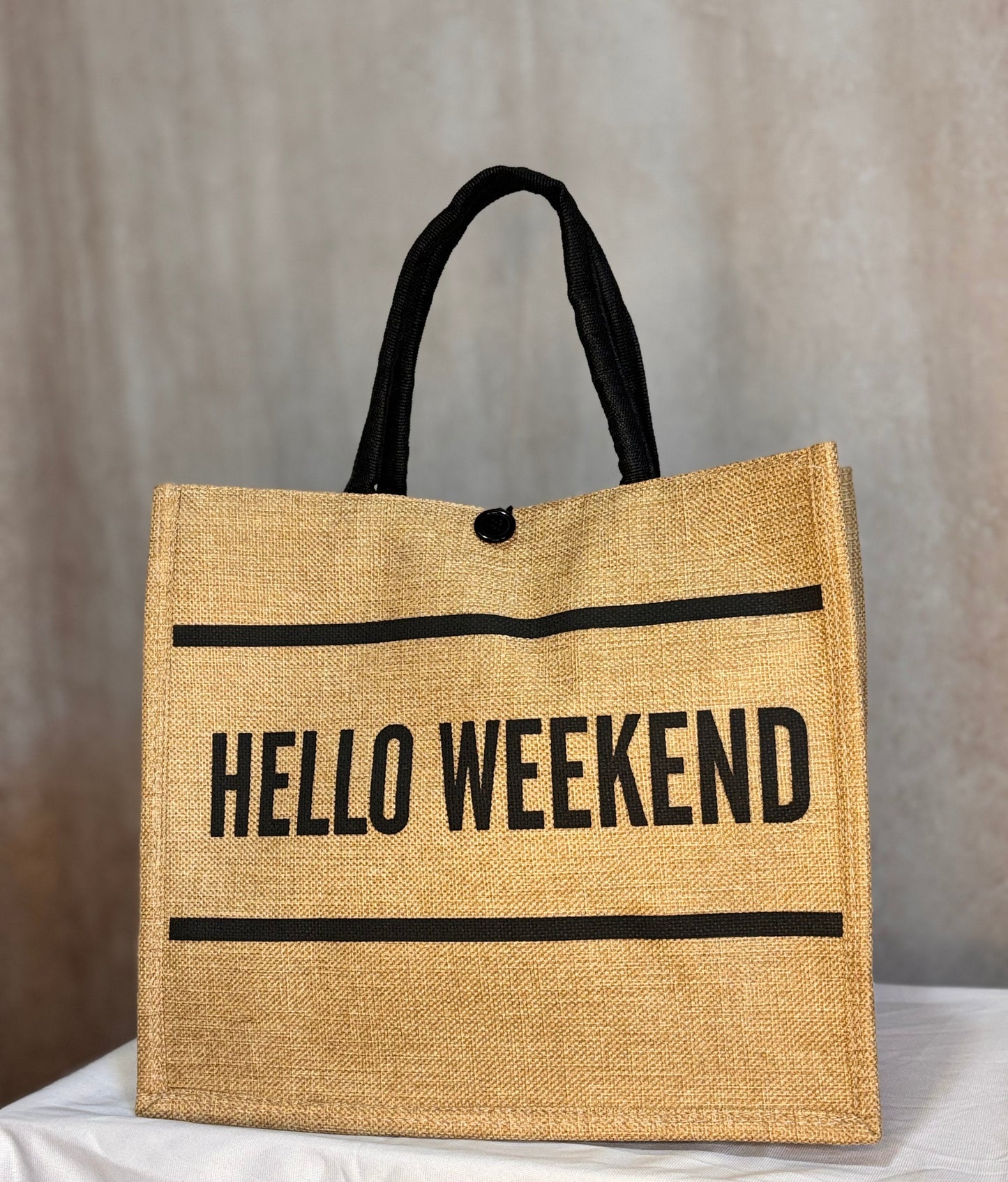 Hello Weekend Burlap Tote