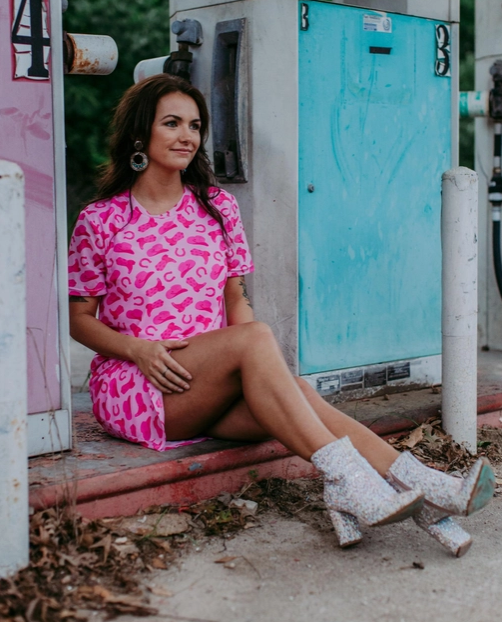 Country Barbie Short Sleeve Western Pattern Pink T-shirt Dress