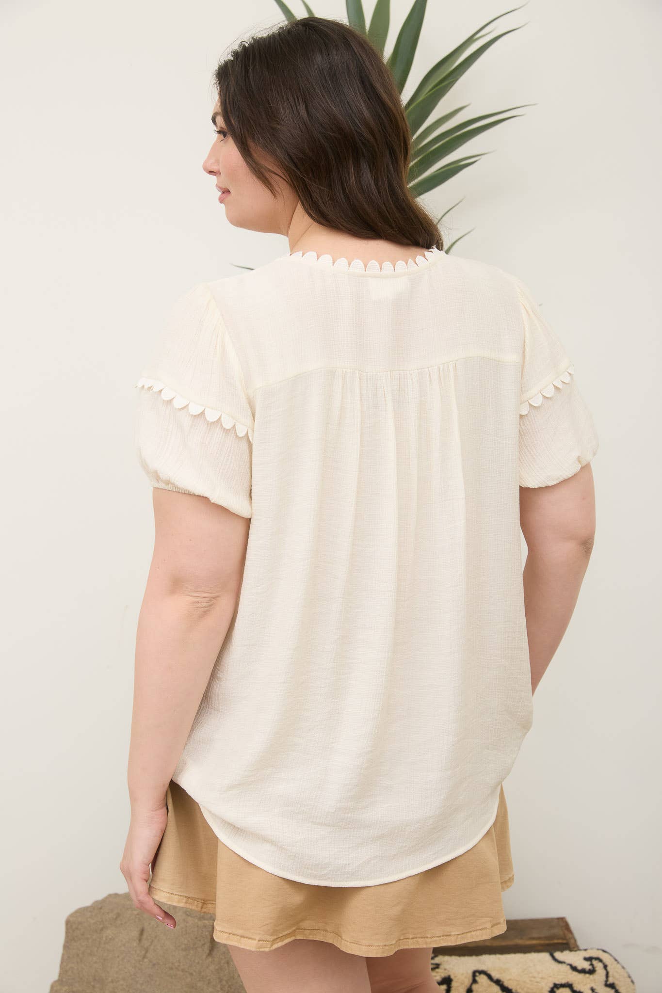 Scallop Trim Front Tie Detail Puff Sleeve Ivory