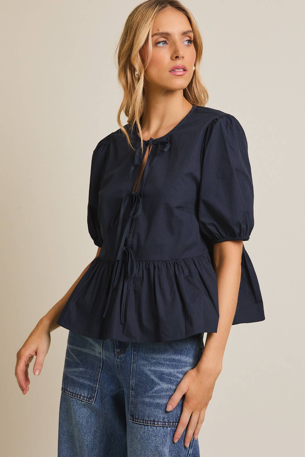 Front Ties Puff Half Sleeve Blouse Navy
