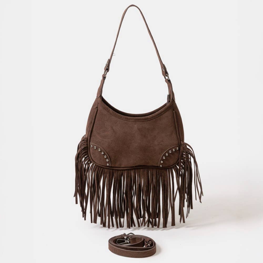 Faux Suede Fringe Belt Decor Shoulder Bag Brown