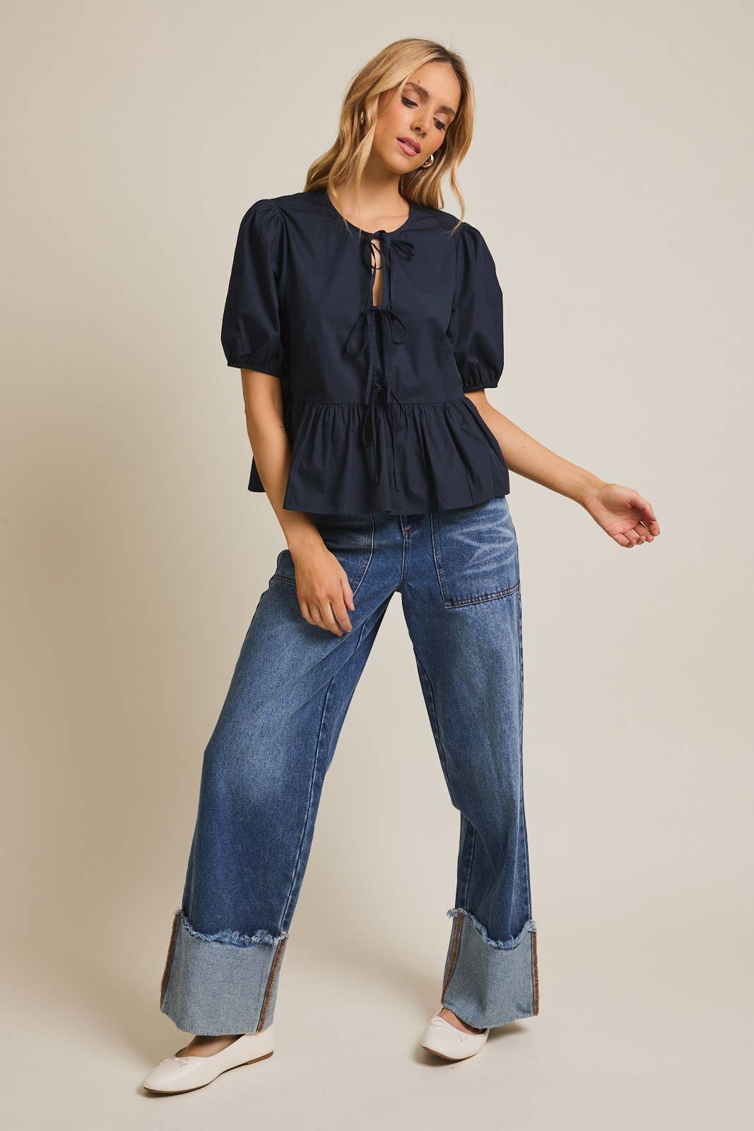Front Ties Puff Half Sleeve Blouse Navy