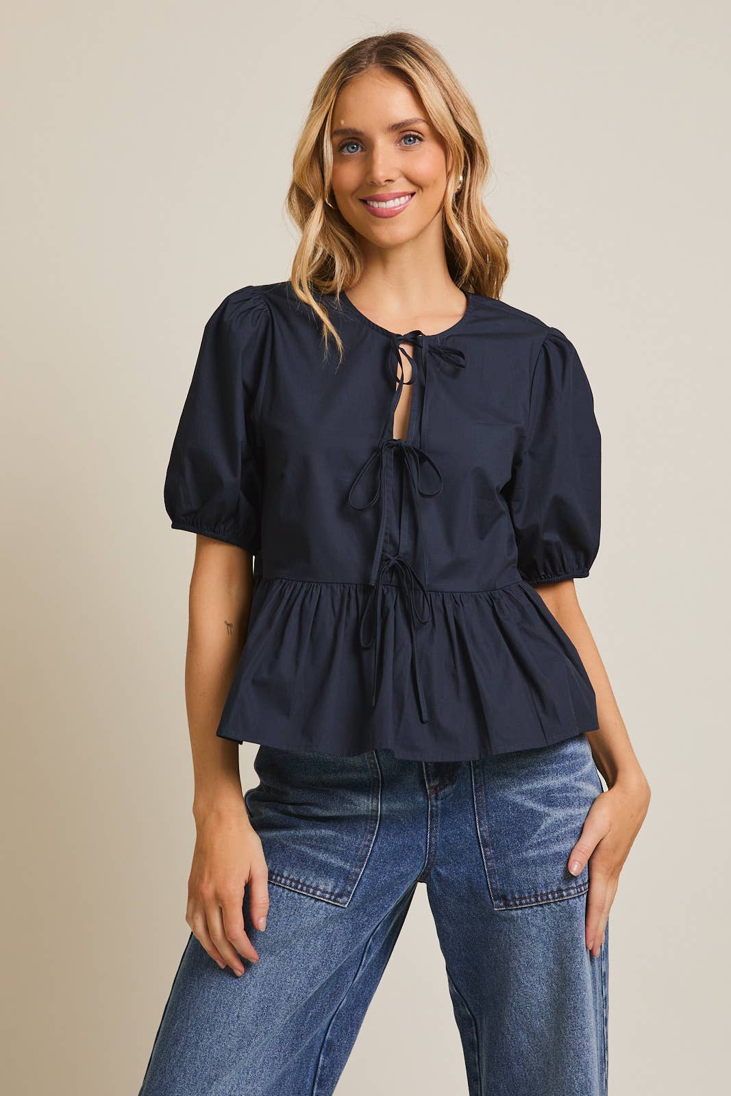 Front Ties Puff Half Sleeve Blouse Navy