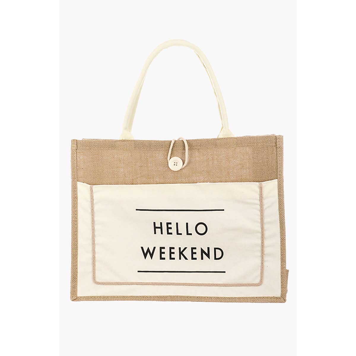 Hello Weekend Burlap Tote Bag Ivory