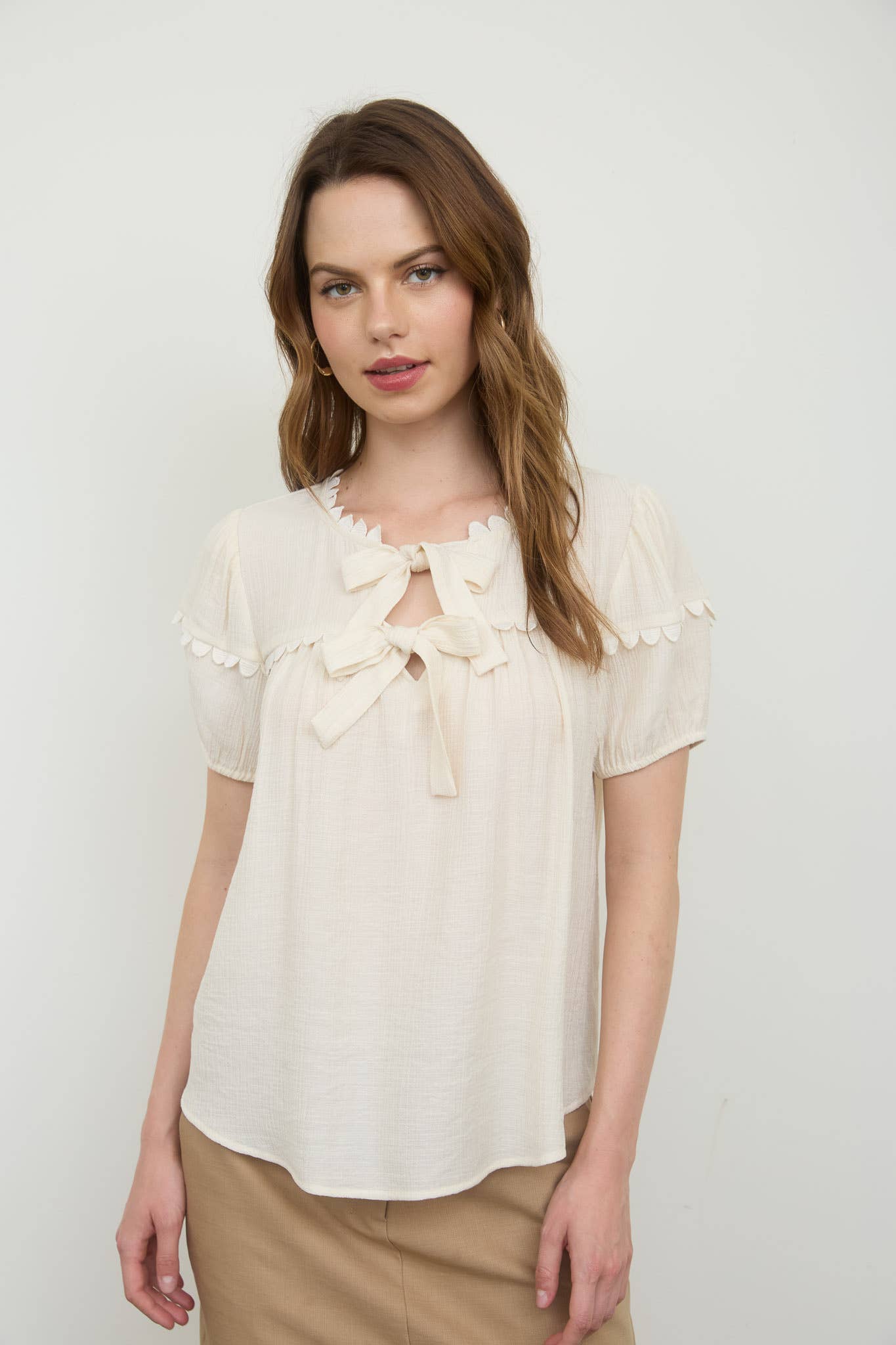 Scallop Trim Front Tie Detail Puff Sleeve Ivory