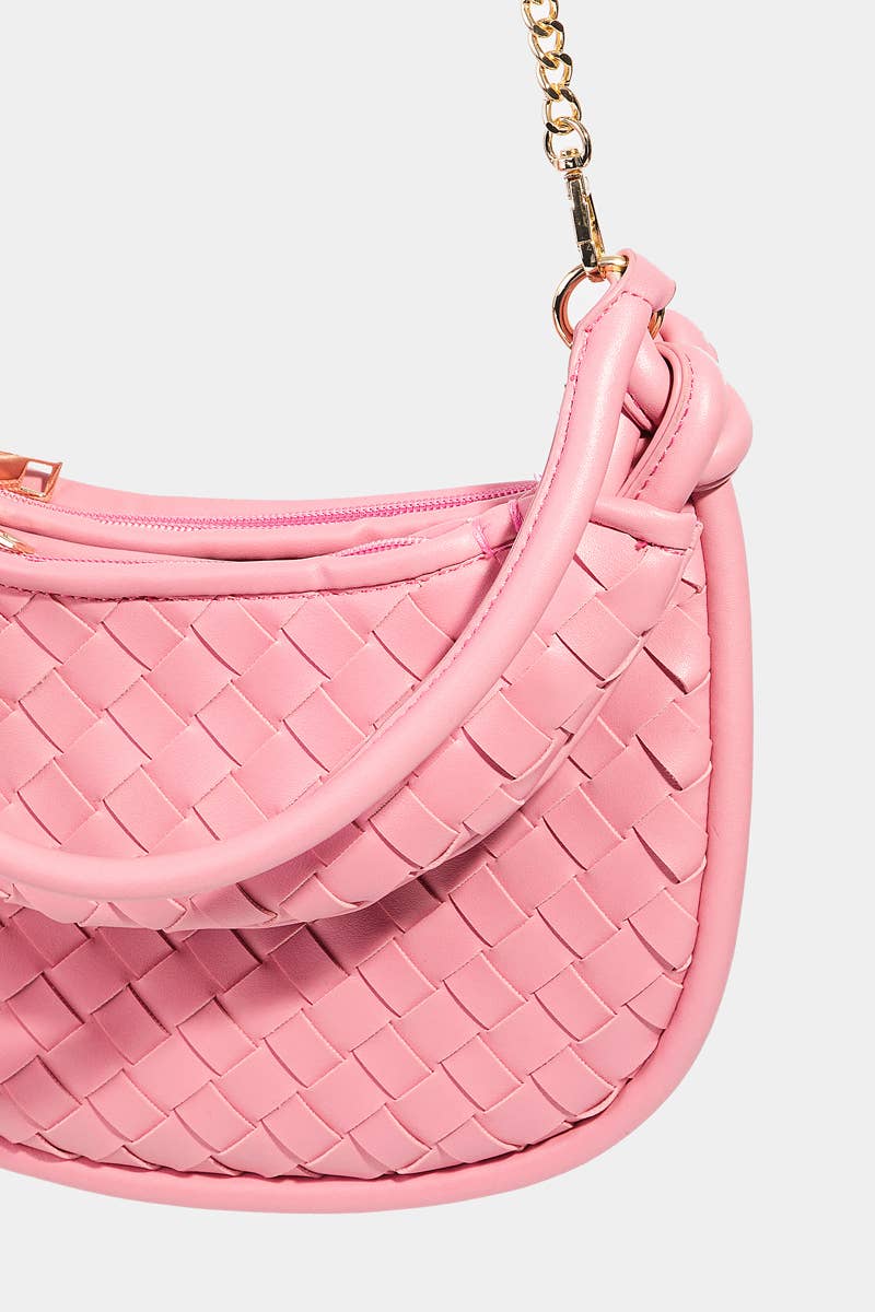Faux Leather Basket Weave Half Moon Bag Pink