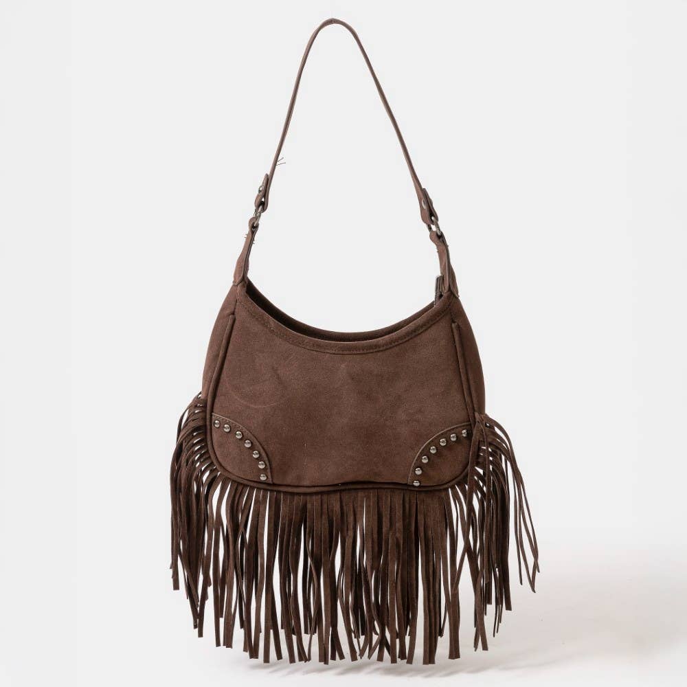 Faux Suede Fringe Belt Decor Shoulder Bag Brown