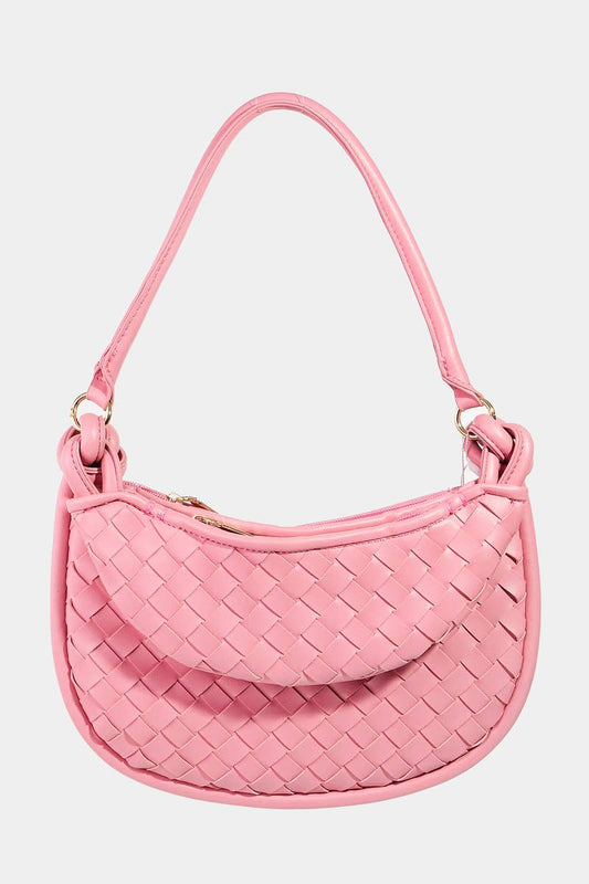 Faux Leather Basket Weave Half Moon Bag Pink