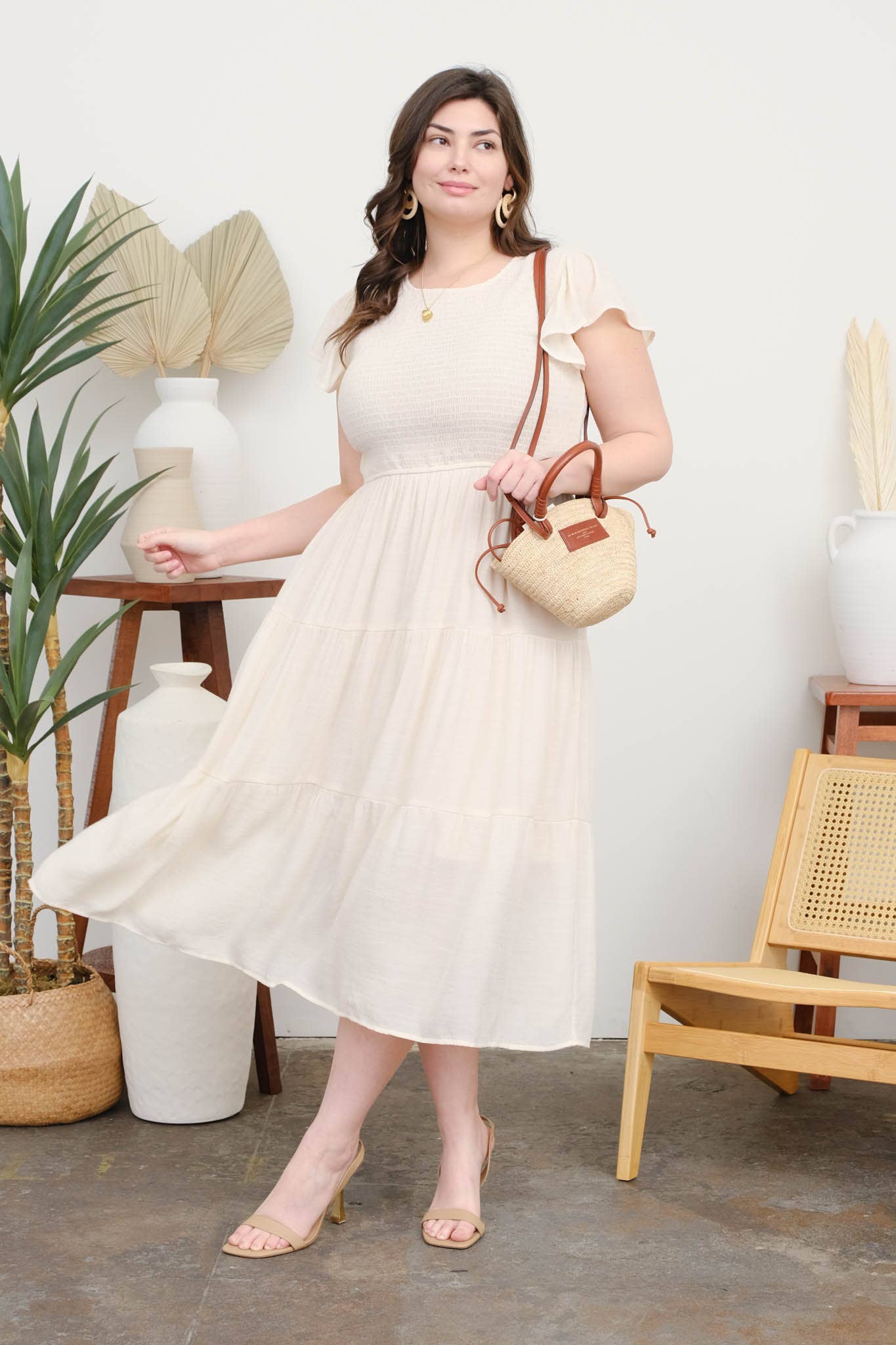 PLUS SMOCKED TIERED MIDI DRESS CHAMPAGNE