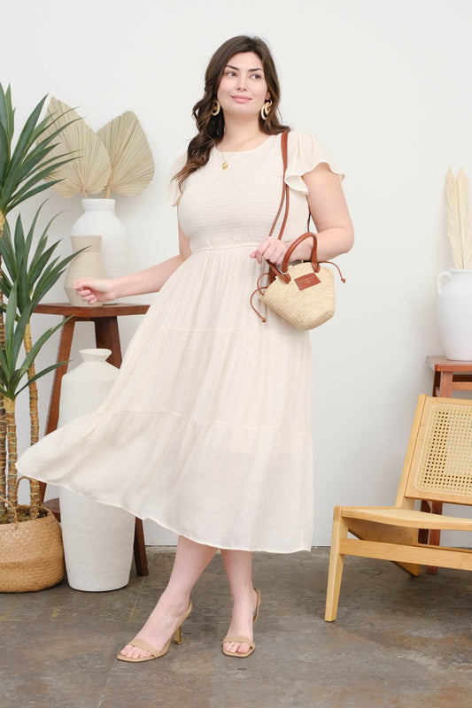 PLUS SMOCKED TIERED MIDI DRESS CHAMPAGNE