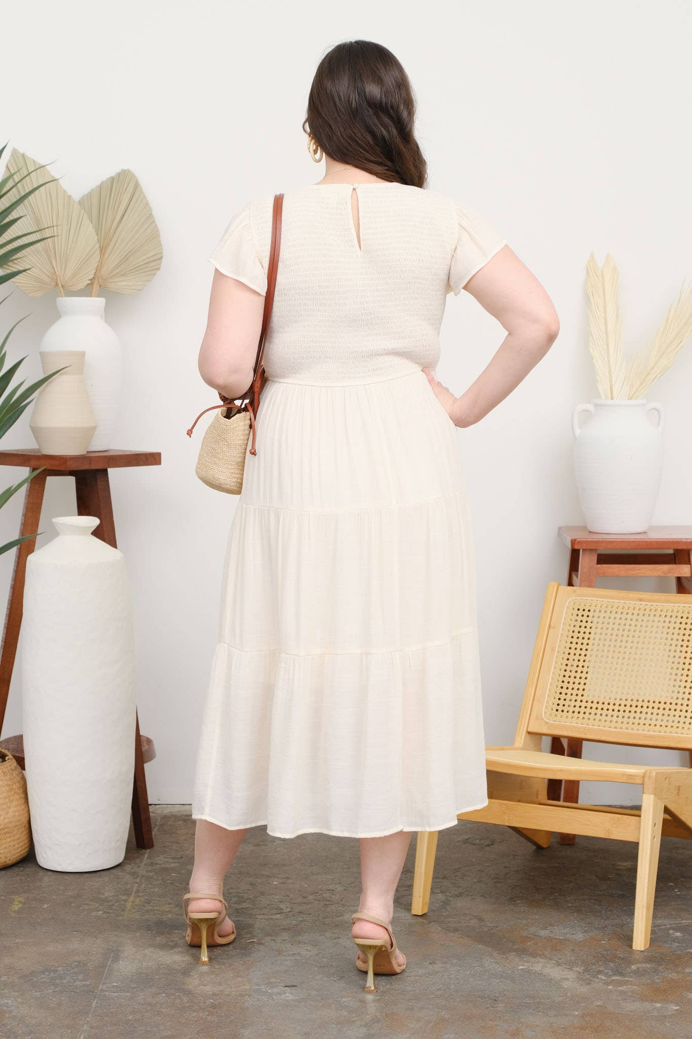 PLUS SMOCKED TIERED MIDI DRESS CHAMPAGNE