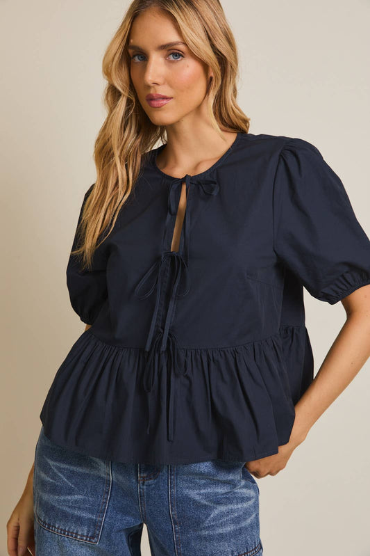 Front Ties Puff Half Sleeve Blouse Navy