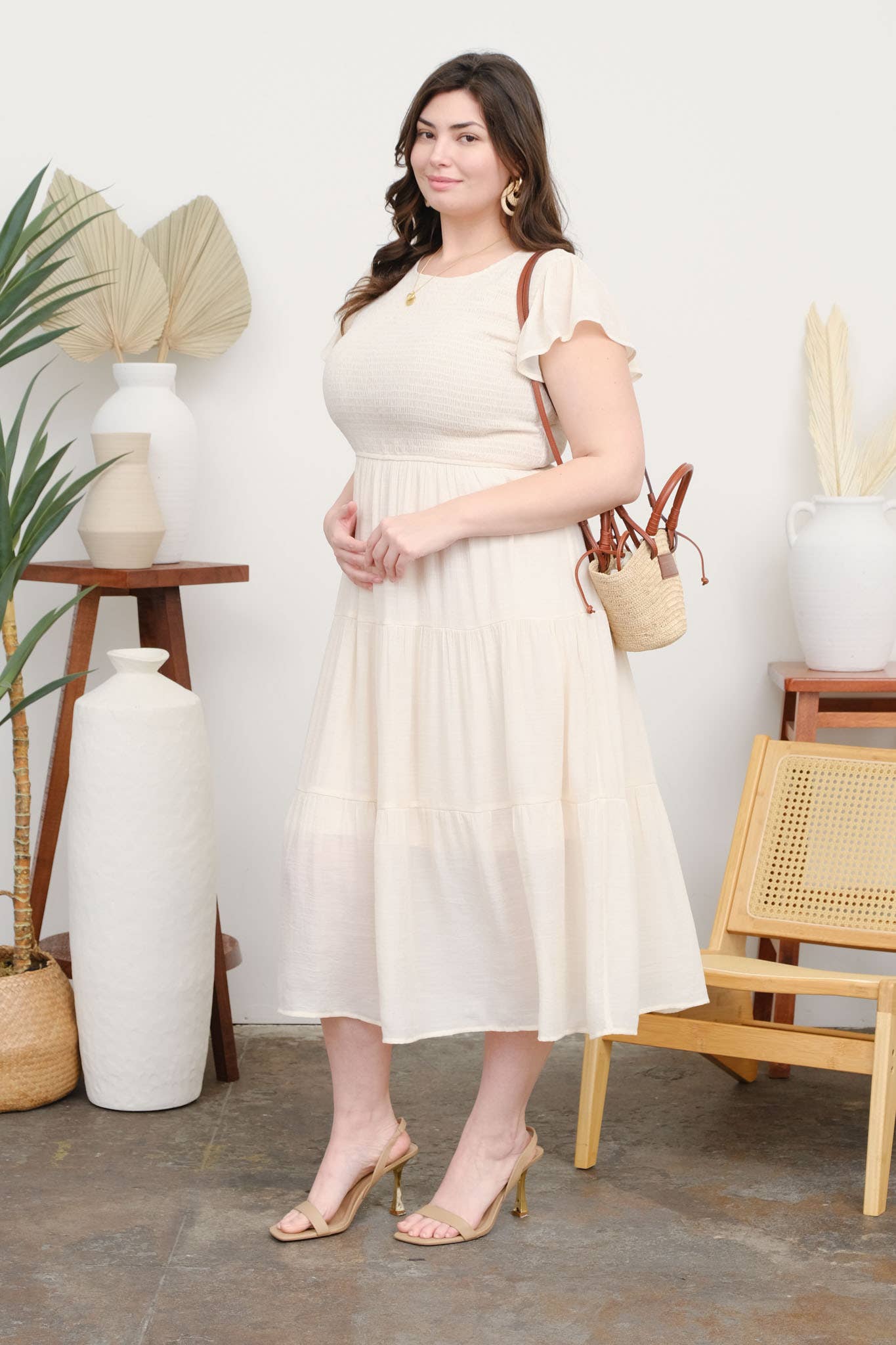 PLUS SMOCKED TIERED MIDI DRESS CHAMPAGNE