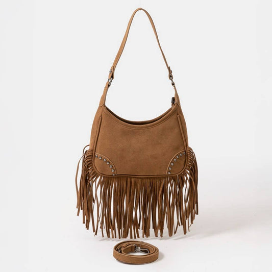 Faux Suede Fringe Belt Decor Shoulder Bag Brown