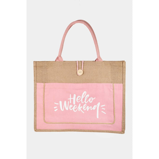 Hello Weekend Burlap Tote Bag Pink