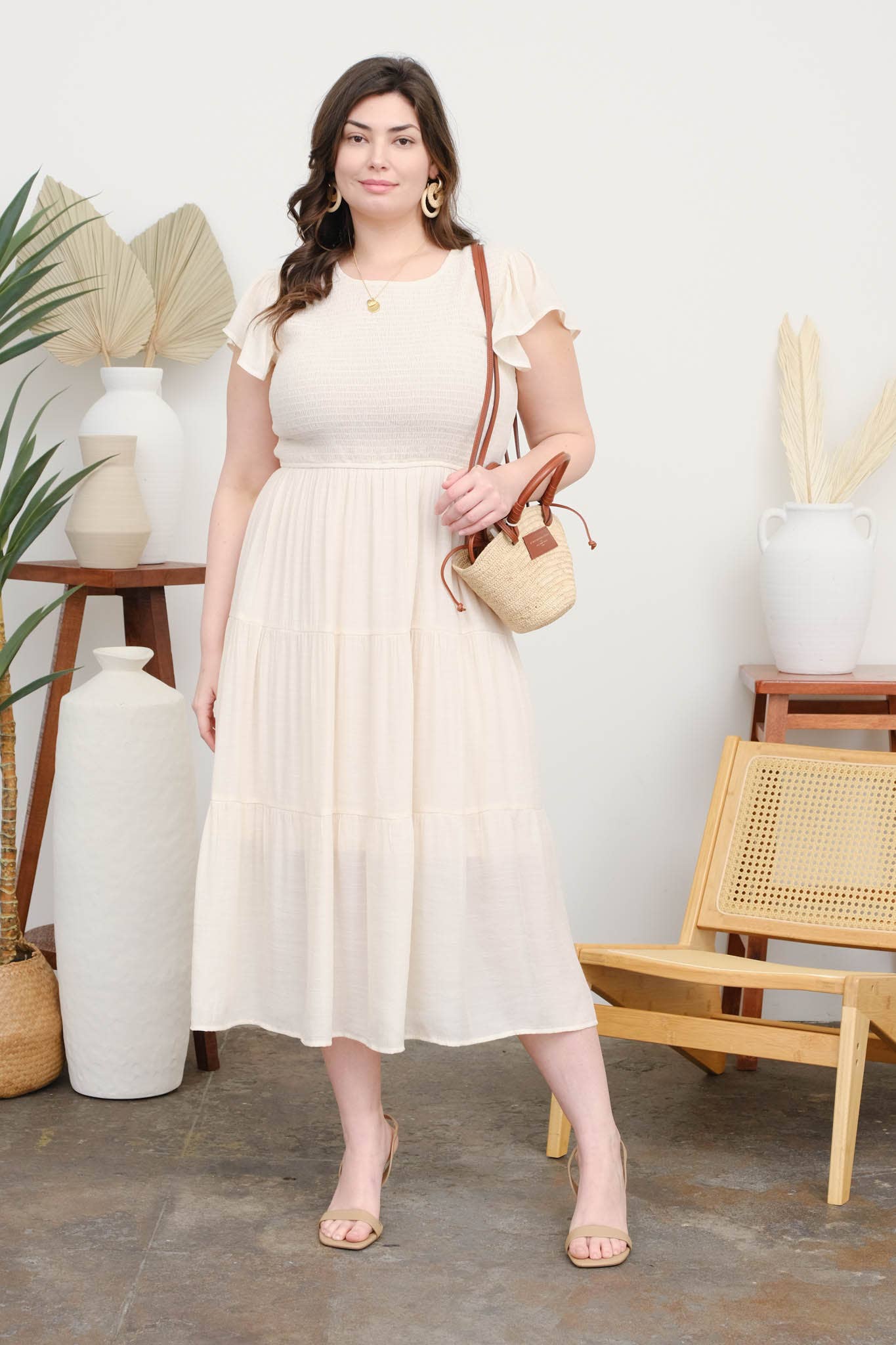 PLUS SMOCKED TIERED MIDI DRESS CHAMPAGNE