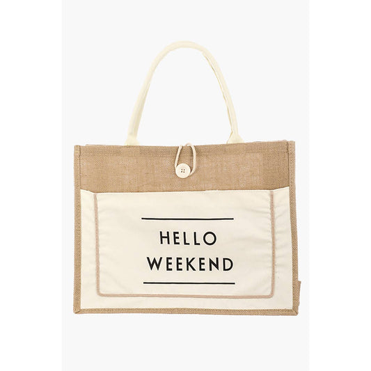 Hello Weekend Burlap Tote Bag Ivory